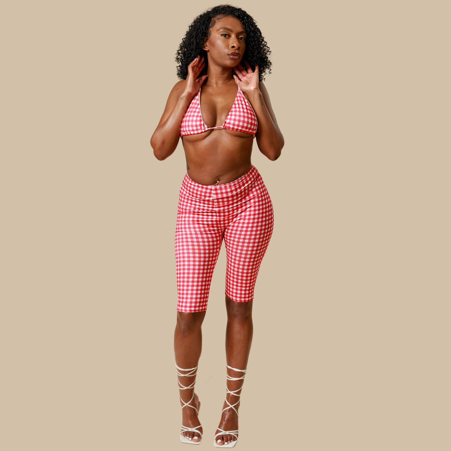 CHELSEA 2 piece Gingham Triangle Kini Top + Capri Bottoms