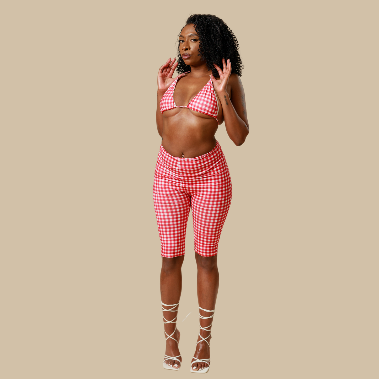 CHELSEA 2 piece Gingham Triangle Kini Top + Capri Bottoms